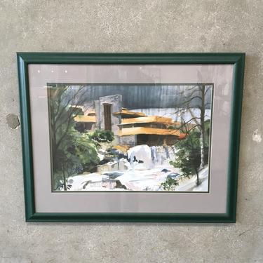 Mid Century Water Color Painting of Frank Lloyd Wrights Falling Water House