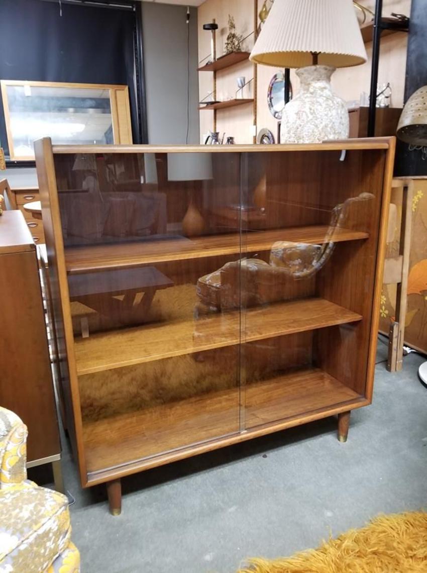 Mid Century Modern Walnut Bookcase With Sliding Glass Doors From