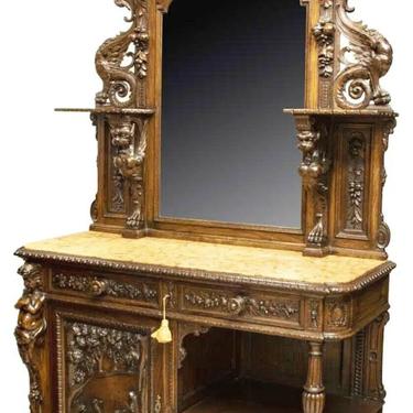 Buffet, French, Marble Top, Mirrored, Oak,Cabinet w/Shelves, Drawers Early 1900s