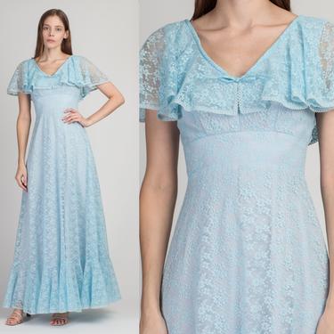 70s Blue Lace Flutter Sleeve Gown - Extra Small | Vintage A Line Boho Formal Maxi Party Dress 
