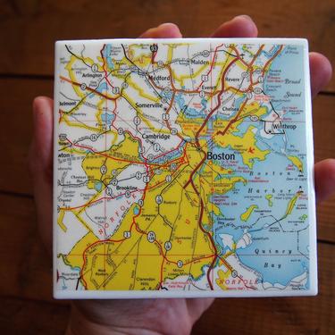 1963 Boston Massachusetts Vintage Map Coaster - Ceramic Tile Coaster - Repurposed 1960s Shell Oil Company Road Map - Handmade 