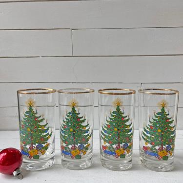 Vintage Christmas Tree, Gold Rim Glasses, Holiday Drinking Glasses, Set of 5 // Family Tradition, Santa Milk Glass, Tumblers, Highballs 