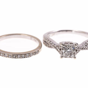 10k white gold Diamond Engagement Ring &amp; 14k white gold diamond Band Set 