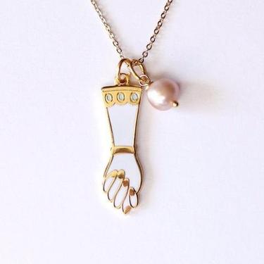 Mano Figa Necklace - White &amp; Gold // Amulet, Talisman, Charm, Lavender Pearl Mano Fico Cloisonn&eacute; Hard Enamel 