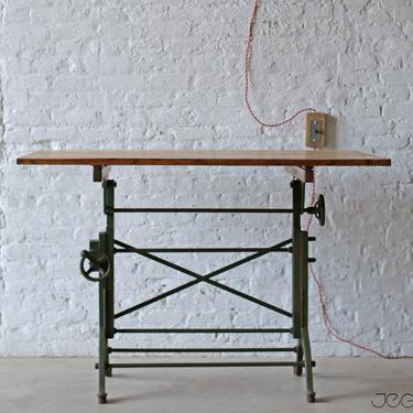 rare, value-retaining tilting vintage industrial drafting table desk by the Frederick Post Co., cast iron base, restored and revived top 