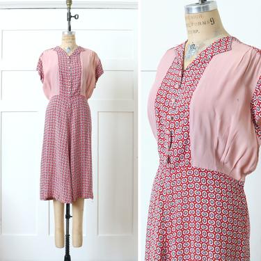 volup vintage as-is 1930s dress • deco era rare red & pink rayon fixer upper casual day dress 