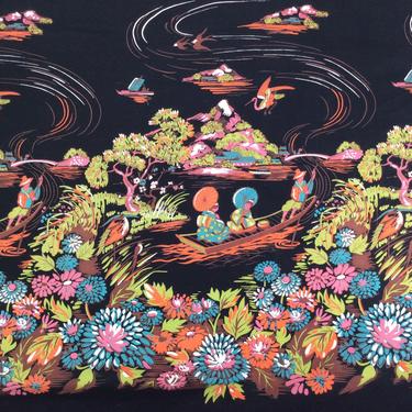 FINAL SALE /// 50s Asian Scenic Border Print Fabric / 1950s Vintage Novelty Print Fabric 