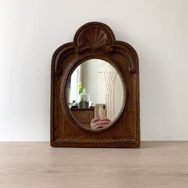 Vintage Faux Wood Mirror by Einar Johansen 1975 | Brown Composite Wood Wall Mirror with Scalloped Top 