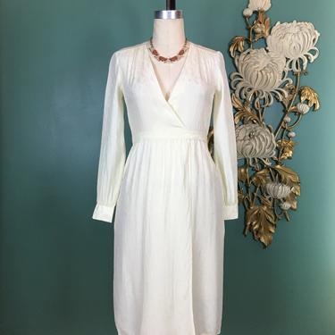 1970s wrap dress, Diane Von Furstenberg, ivory silk dress, vintage 70s dress, petite small, I magnin, long sleeve, brocade, tie waist, 27 