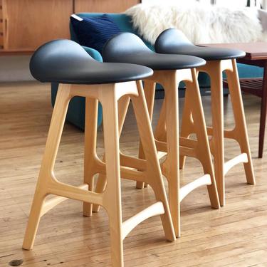 Set of 3 Erik Buch Stools in Beech and Leather