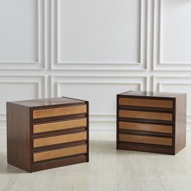Pair of Mahogany + Leather Nightstands, Italy 1980s