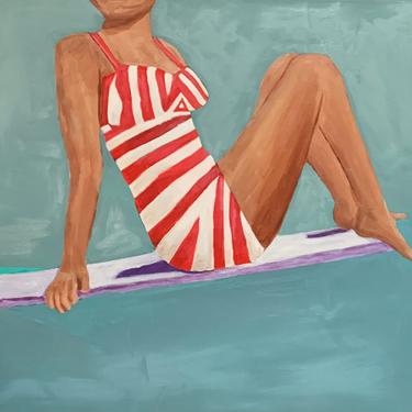 Retro beach art, coastal decor, endless summer, “Barbara,” hand painted original artwork, 24x 24, gallery wrapped 