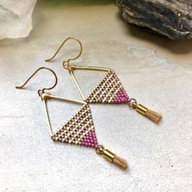 Diamond Shaped Earrings with Gold and Pink Beads