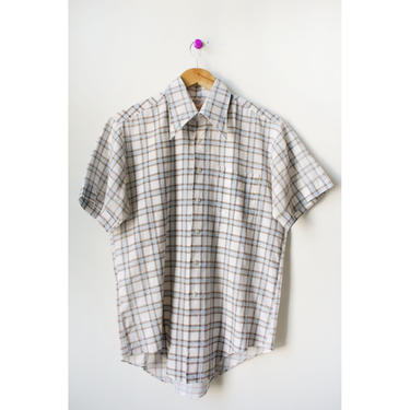 Vintage 70s Light Weight Blue and White Plaid Button Down Small 