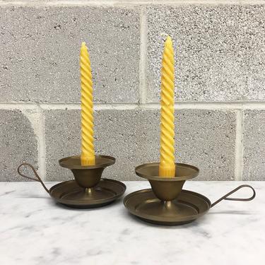 Vintage Candlestick Holders Retro 1980s Gold Brass Metal + Set of 2 Matching + Candle Holders with Finger Handles + Home and Table Decor 