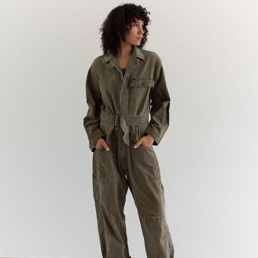 Vintage Green Herringbone Twill Belted Coverall | Army Jumpsuit Flight Suit Studio Boilersuit | M | GC003 