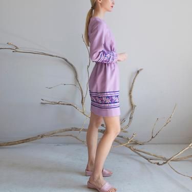 Vintage 60s's 70's purple flower trimmed dress / size XS 