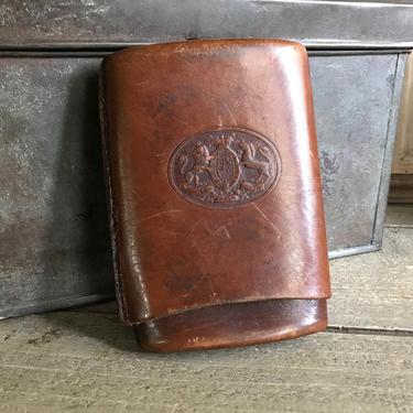 English Leather Cigar Case Embossed Coat of Arms Handstitched 