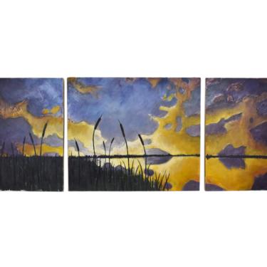 Michael Gricus Huge Triptych Oil Painting Prairie Landscape w Cattails Chicago 