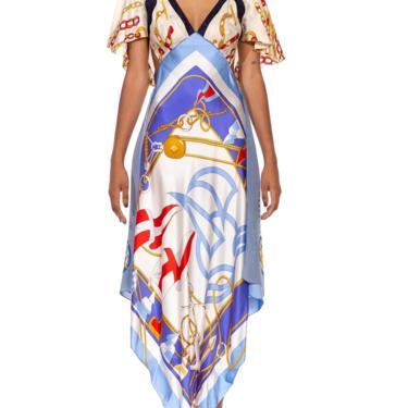 Morphew Collection White  Blue Silk Twill Chain Status Print 3-Scarf Dress Made From Vintage Scarves 