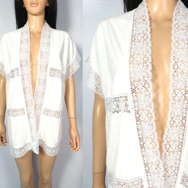 Vintage 60s/70s White Terry Cloth And Lace Swim Cover Up Robe Size S/M 