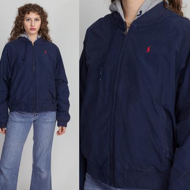 90s Polo Ralph Lauren Hooded Jacket - Men's Large, Women's XL | Vintage Navy Blue Zip Up Windbreaker Coat 