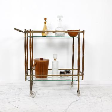 Vintage brass tube, glass and walnut rectangular bar cart on casters | Free delivery in NYC and Hudson 
