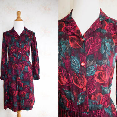 Vintage 60s Shirtdress, 1960s Day Dress, Leaf Print, Floral, Novelty Print 
