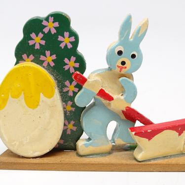 Vintage Wooden Bunny Rabbit Painting Egg with Large Brush, Hand Painted, Retro Decor 