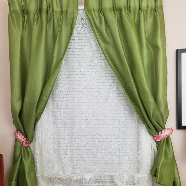 Vintage 1960's Pinch Pleat Curtains / 70s Olive Green Drapes / 4 Panels 