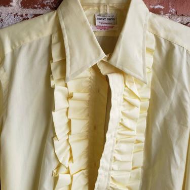 Vintage 60s/70s Pale Yellow Ruffled Tux Shirt Real Deal French Cuff Dagger Collar 