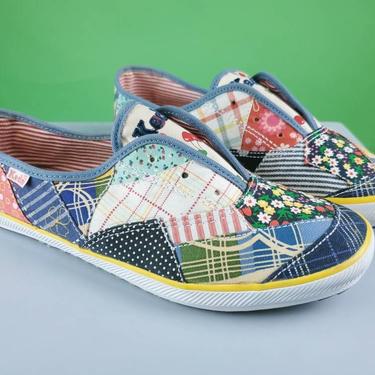 90s/Y2k colorful patchwork Keds. Slip-on preppy vintage sneakers. Size 9. 