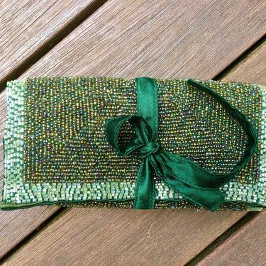 Travel Jewelry Case, Vintage Green Beaded Jewelry Roll by BellewoodDesignGoods