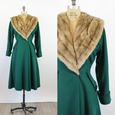 1940s CORONET green fur collar PRINCESS coat medium | new winter 