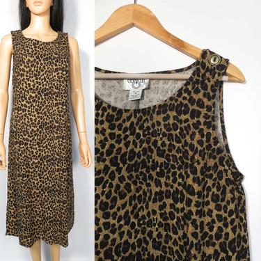 Vintage 90s Silk Leopard Print Side Slits Midi Dress Size M 