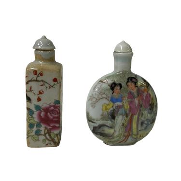 2 x Chinese Porcelain Snuff Bottle Flowers Birds Ladies Graphic ws1286E 