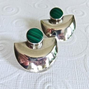 Vintage Modernist 925 Sterling Silver and Green Malachite Stone Earrings for Pierced Ears - 1980's 1990's Contemporary, Art Deco, Domed 