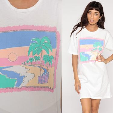 Tropical Tshirt Dress Vintage Beach Dress 90s Palm Tree T Shirt Graphic Dress 1990s Beach Cover Up Small Medium 