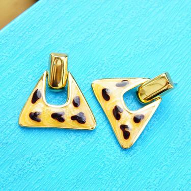 Vintage Gold Tone Enamel Dangle Earrings, Chunky Triangle Earrings, Hinged Stud Earrings W/ Cheetah Spots, Statement Jewelry, 1 1/4” L 