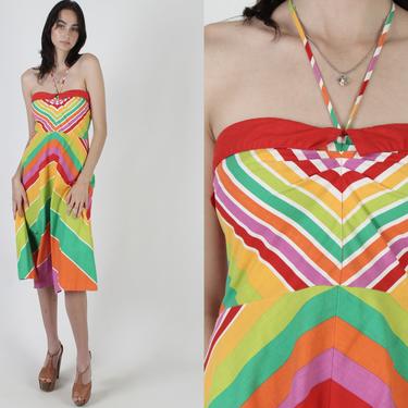 1980s Rainbow Striped Party Dress / Bright Color Halter Dress / Vintage 80s Chevron Smocked Sun Midi Mini Dress 