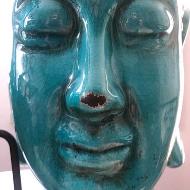 Large Vintage Blue Ceramic Buddha Head, 17 inches high 