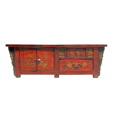 Chinese Distressed Red Flower Graphic Low TV Console Cabinet cs5123S