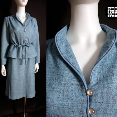 Lovely Vintage 70s Heathered Blue Two-Piece Skirt Set 