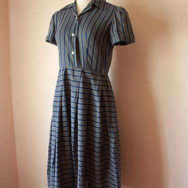 50s Blue and Yellow Striped Day Dress with Metal Side Zipper Short Sleeve Size M 