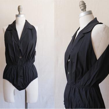 Vintage 80s Donna Karan Bodysuit/ 1980s Black Collared Open Side Leotard/ Size Medium 