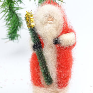 Vintage Fuzzy Santa Christmas Ornament, with Beard, Faux Feather Tree 
