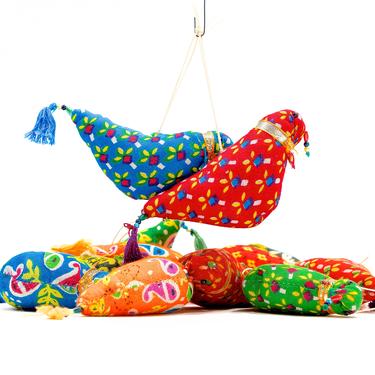 VINTAGE: 12 India Folk Art Fabric Bird Ornaments - Colorful Birds - Dangle - Handmade - SKU Tub-398-00017447 