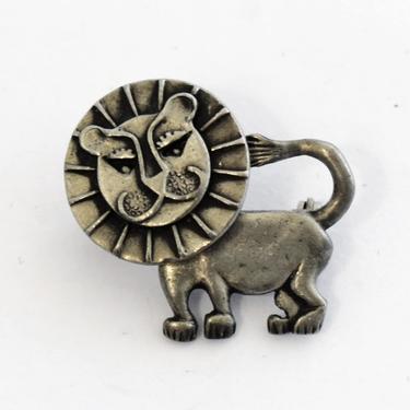 Whimsical 60's AJR haughty pewter lion brooch, clever mid-century stylized smiling big cat dimensional pin 