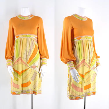 60s Emilio Pucci silk jersey dress / vintage psychedelic print peasant sleeve mini dress tangerine &amp; yellow 1960s size 10 / S-M  As Is 