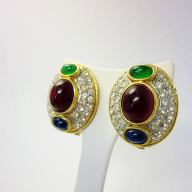 Vintage Chanel Inspired Jewel Tone Gripoix Style Glass Cabochon Earrings with Pave Crystal Rhinestones and Gorgeous 1980s Runway Silhouette 